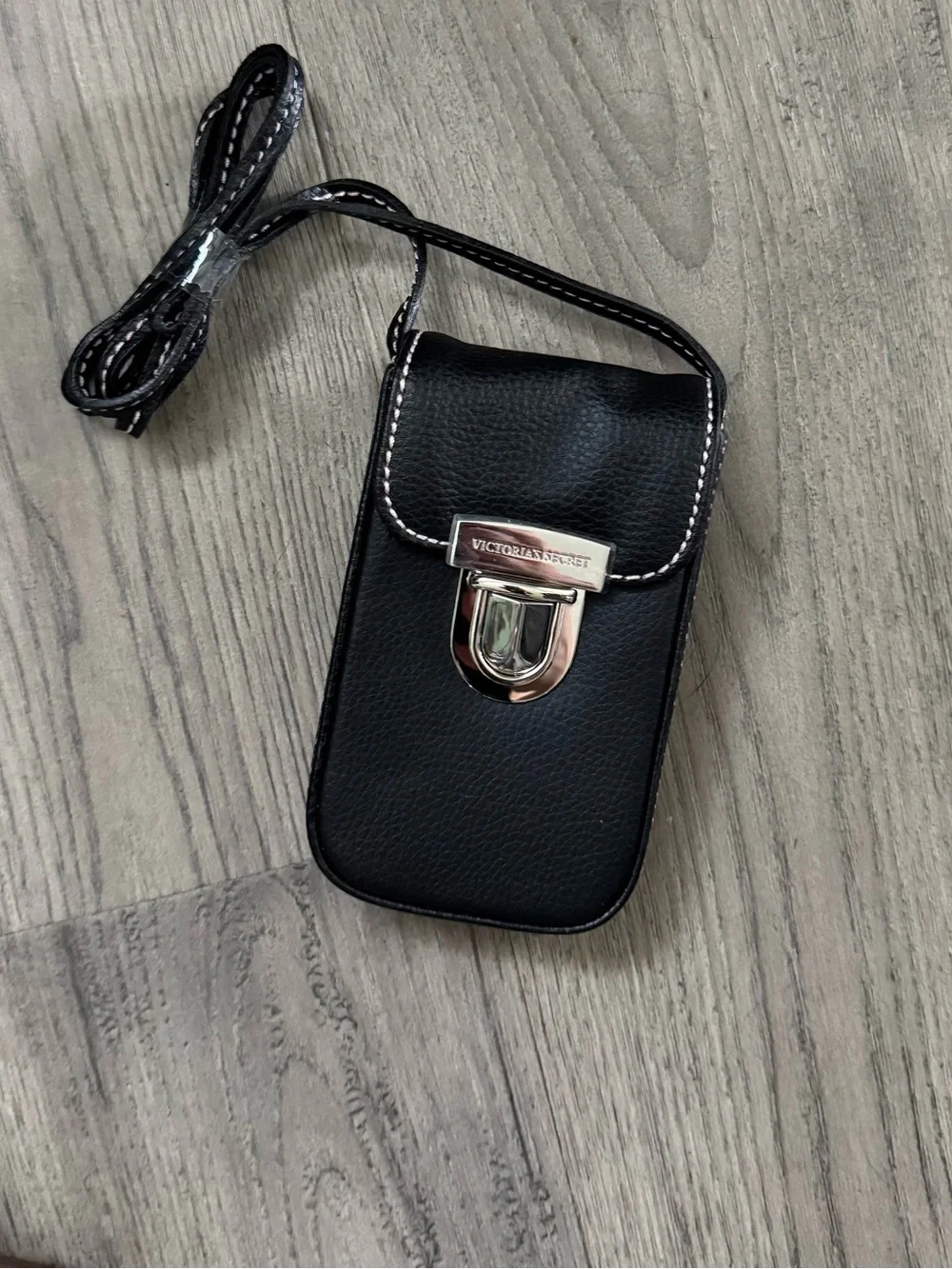 Victoria's Secret Black Leather Crossbody Phone Pouch with Silver Hardware